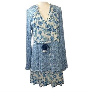 House Of Harlow 1960 Long Sleeve Blue Floral Tiered Dress Size Large